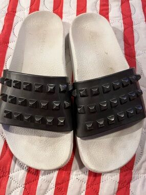 Studded Black and White Slide Sandals - Women's Casual Slip-Ons
